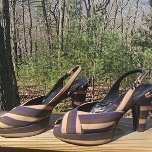Vintage Miu Miu Striped Calzature Donna Fabric Coated Peep Toe Heels Sz 39